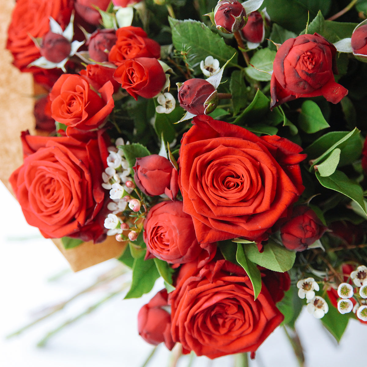 Detail view of red roses, red spray roses and seasonal foliage