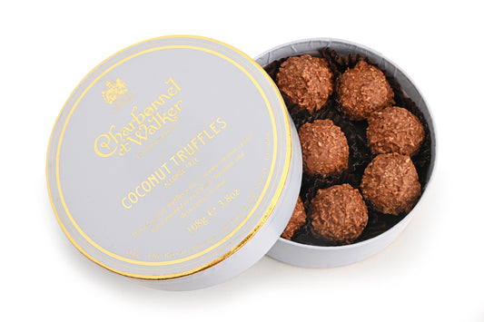 A round box of coconut truffles