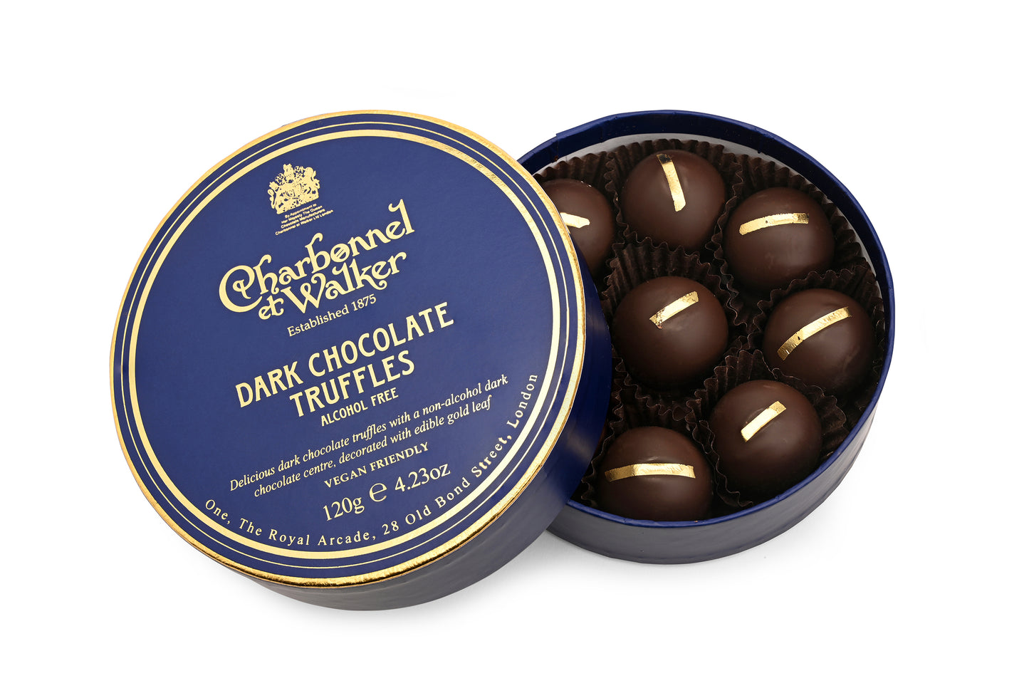 A navy blue and gold round box of truffles
