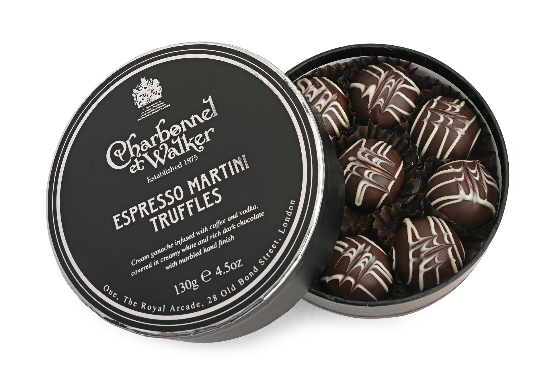 A round box of espresso martini truffles