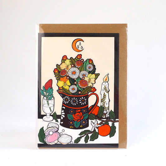 A greetings card illustrated with a fun 60's inspired flowers in a jug image