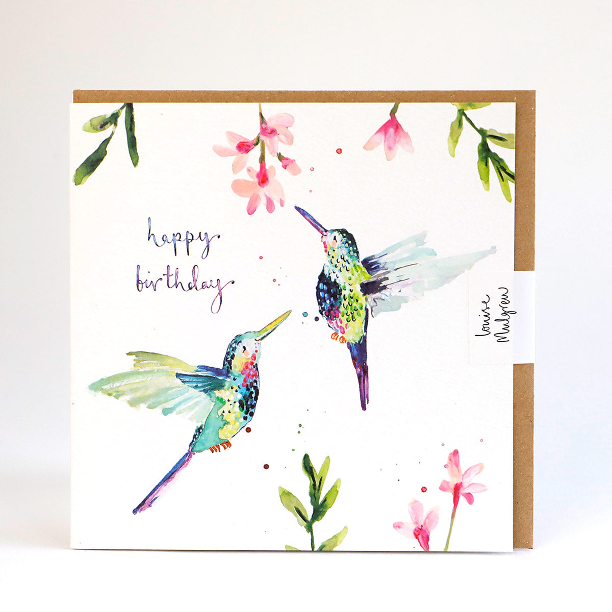 A greetings card painterly illustrated with hummingbirds and the words happy birthday