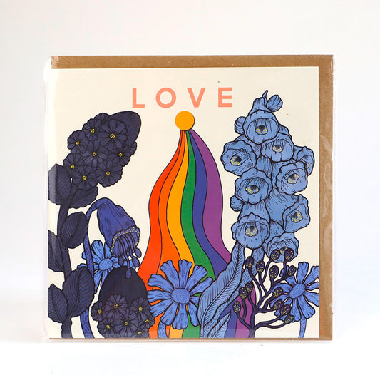 A greetings card with fun 60's inspired illustrations of flowers and a rainbow with the word love