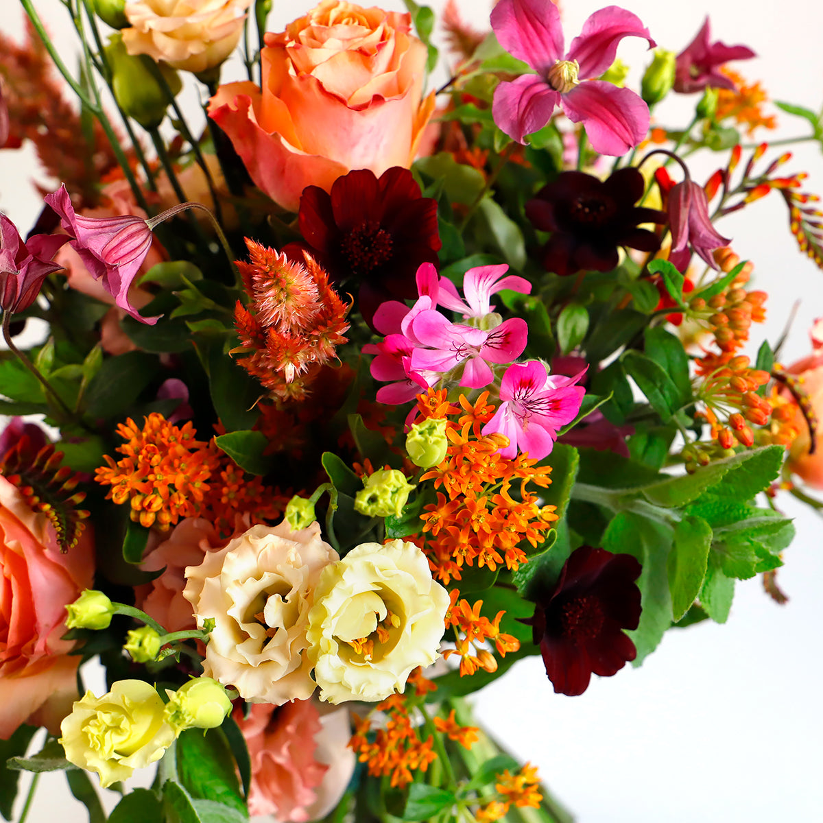 Close up of coral roses, cream lisianthus, pink clemetis and other orange flowers