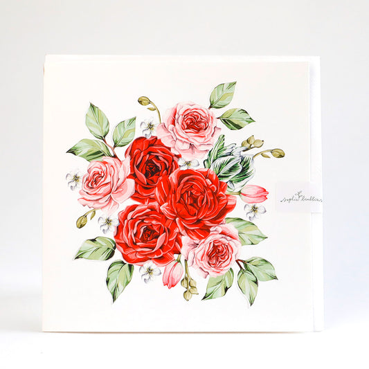 A greetings crad painterly illustrated with red and pink roses